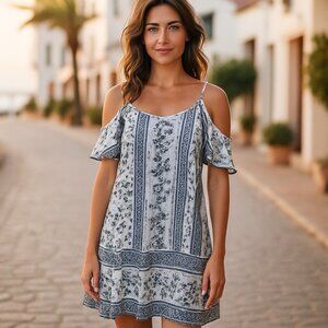 Feminine Floral Dress Women XS Cold Shoulder Black White Lightweight Sexy Dainty